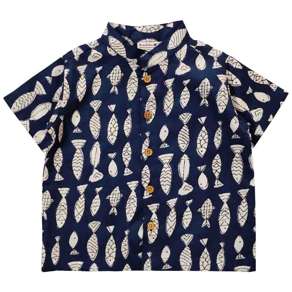 Snowflakes Boys Half Sleeve Cotton Shirt With Fish Prints - Blue
