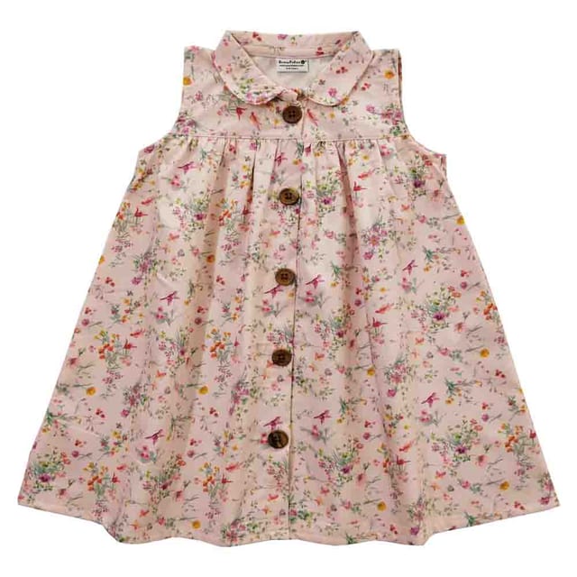 Snowflakes Girls Frock With Floral Prints- Peach