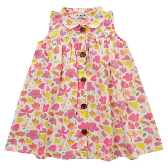 Snowflakes Girls Frock With FlowerPrints- White