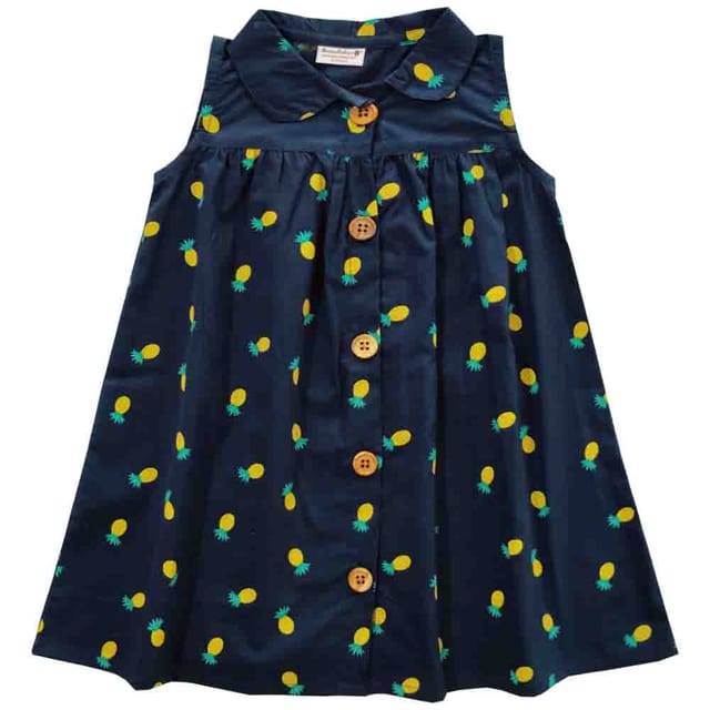 Snowflakes Girls Frock With Pineapple Prints- Navy Blue