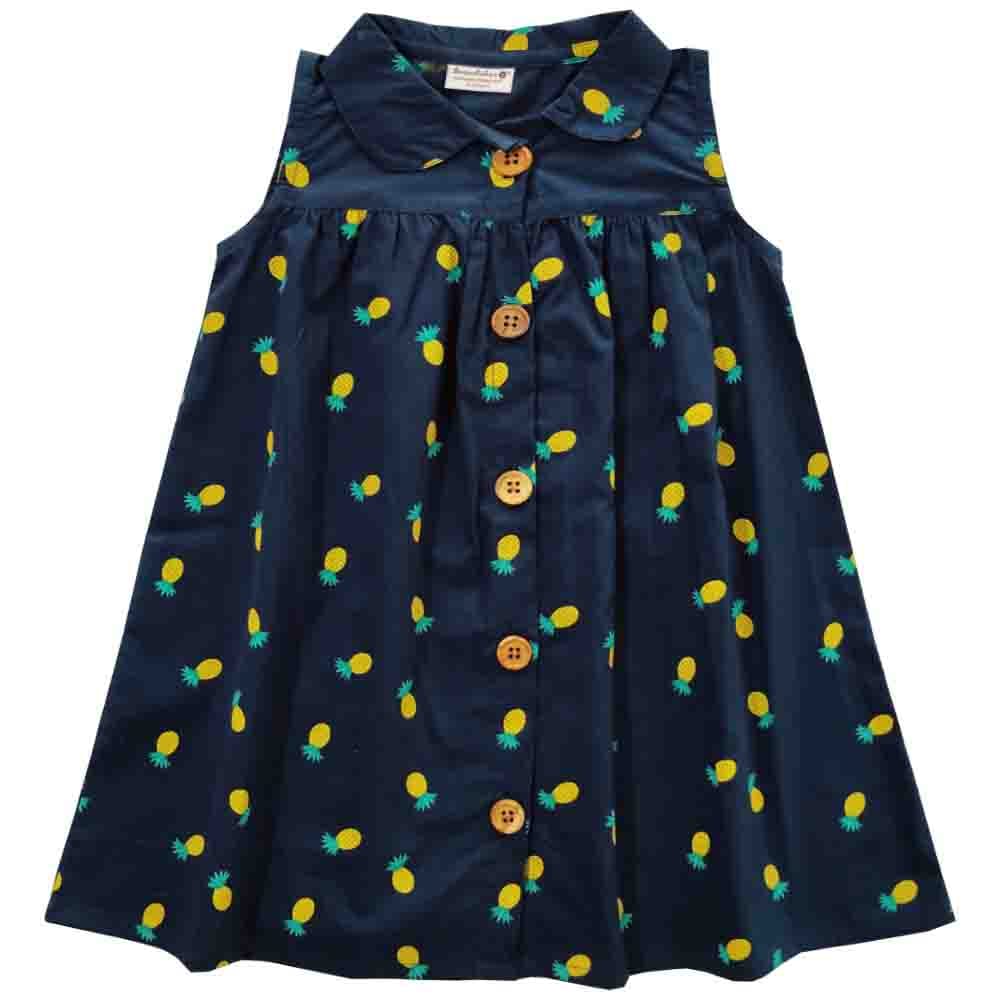 Snowflakes Girls Frock With Pineapple Prints- Navy Blue