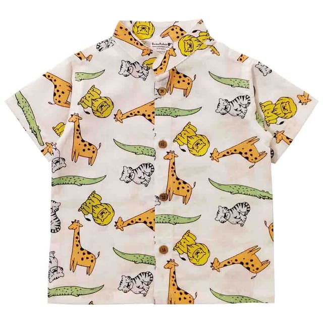 Snowflakes Boys Half Sleeve Cotton Shirt With Animal Prints - White