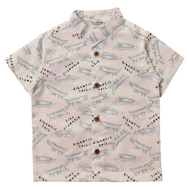 Snowflakes Boys Half Sleeve Cotton Shirt With Crocodile Prints - White