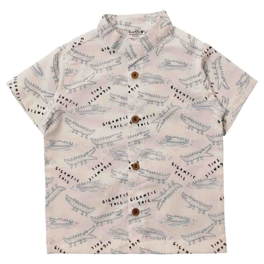 Snowflakes Boys Half Sleeve Cotton Shirt With Crocodile Prints - White