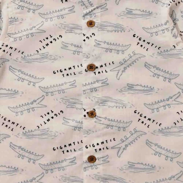 Snowflakes Boys Half Sleeve Cotton Shirt With Crocodile Prints - White
