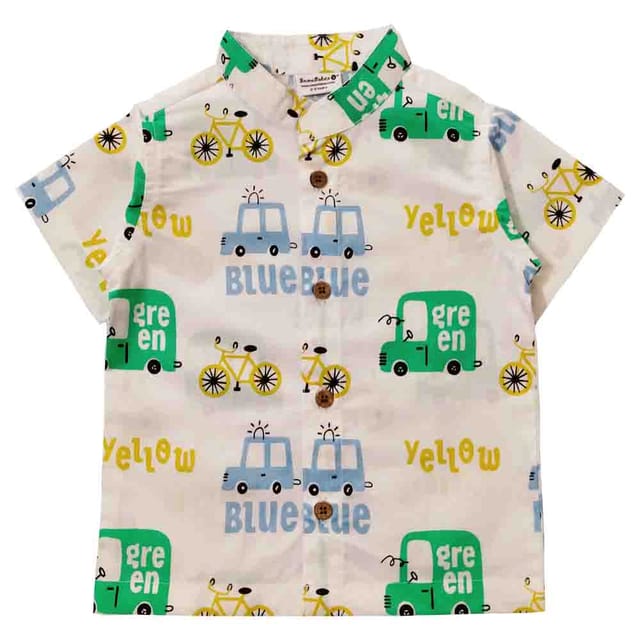 Snowflakes Boys Half Sleeve Cotton Shirt With Bus Prints - White