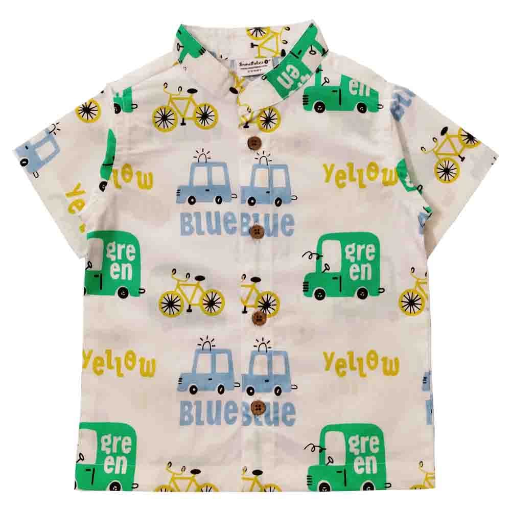 Snowflakes Boys Half Sleeve Cotton Shirt With Bus Prints - White