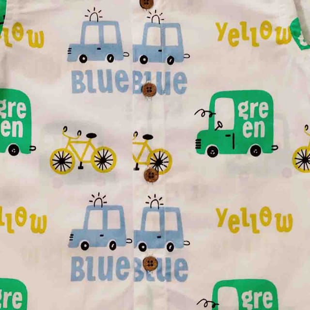 Snowflakes Boys Half Sleeve Cotton Shirt With Bus Prints - White