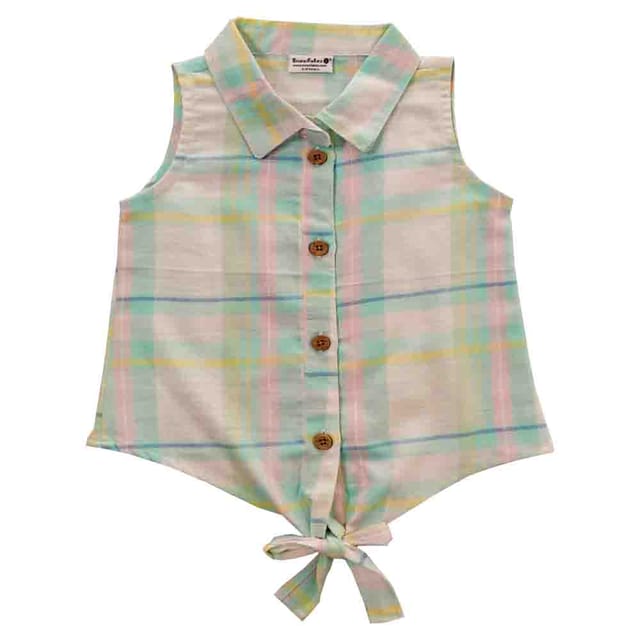 Snowflakes Girls Sleeveless Shirt With Checks Prints - White