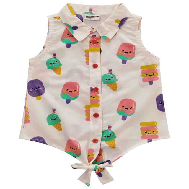 Snowflakes Girls Sleeveless Shirt With Ice Cream Prints - White