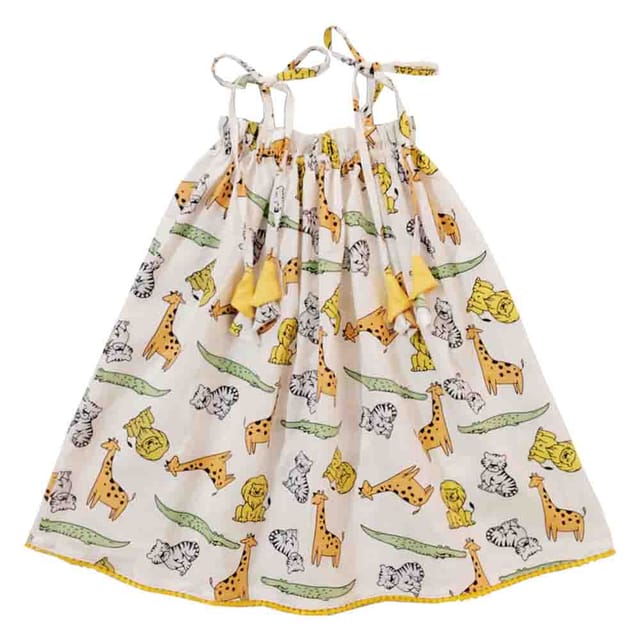 Snowflakes Girls Tying Style Frock With Animal Prints- White