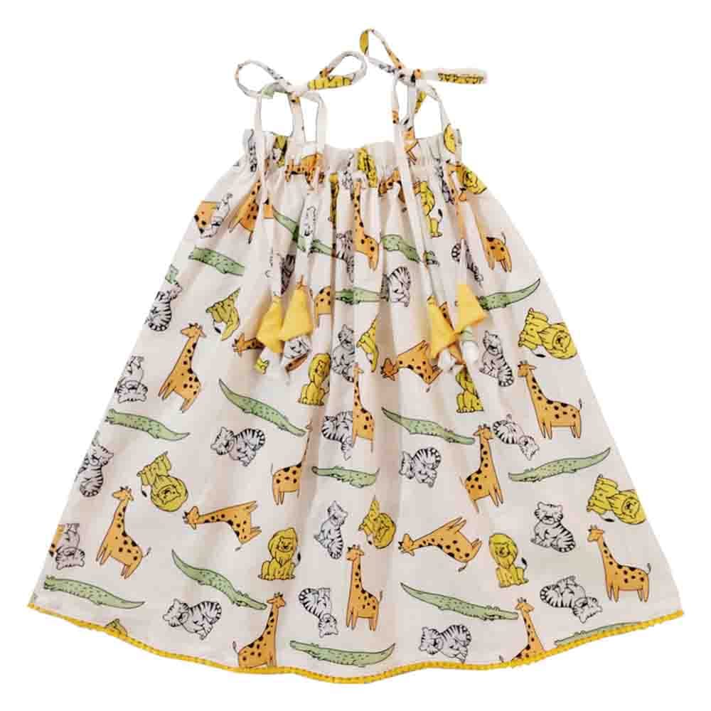 Snowflakes Girls Tying Style Frock With Animal Prints- White