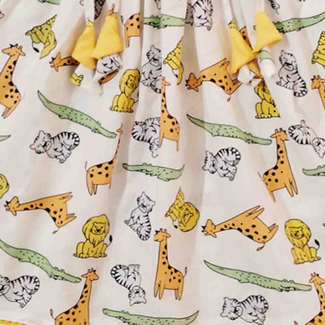 Snowflakes Girls Tying Style Frock With Animal Prints- White