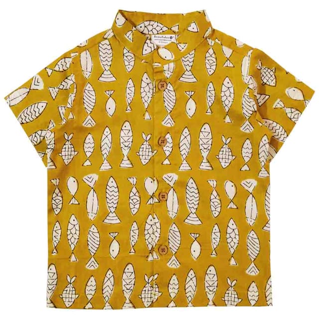 Snowflakes Boys Half Sleeve Cotton Shirt With Fish Prints - Yellow