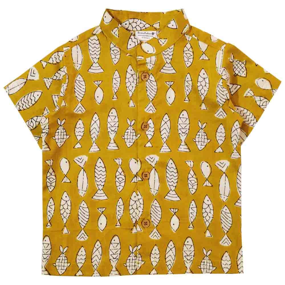 Snowflakes Boys Half Sleeve Cotton Shirt With Fish Prints - Yellow
