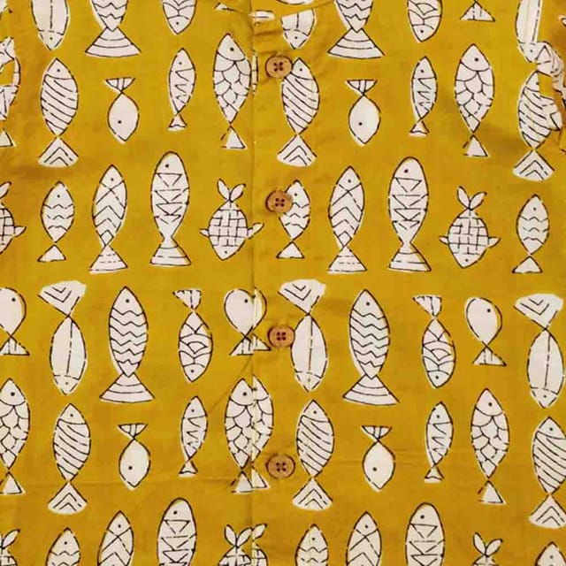 Snowflakes Boys Half Sleeve Cotton Shirt With Fish Prints - Yellow