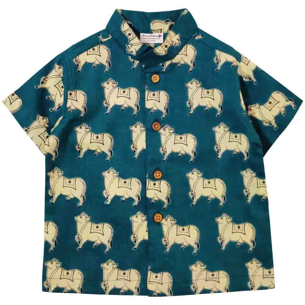 Snowflakes Boys Half Sleeve Cotton Shirt Bottle Green Cow  Prints -Bottle Green