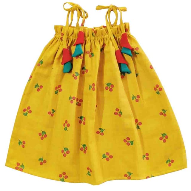 Snowflakes Girls Tying Style Frock With Cherry Prints- Yellow