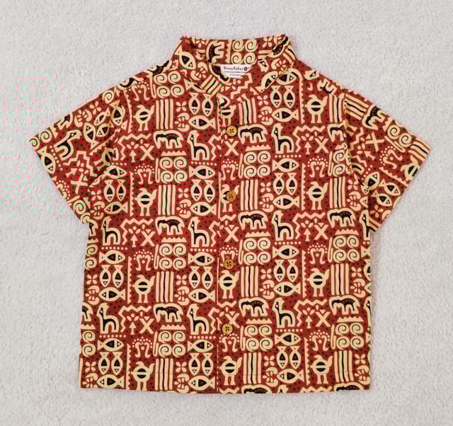 Snowflakes Boys Half Sleeve Cotton Shirt kalamkari print   - Maroon