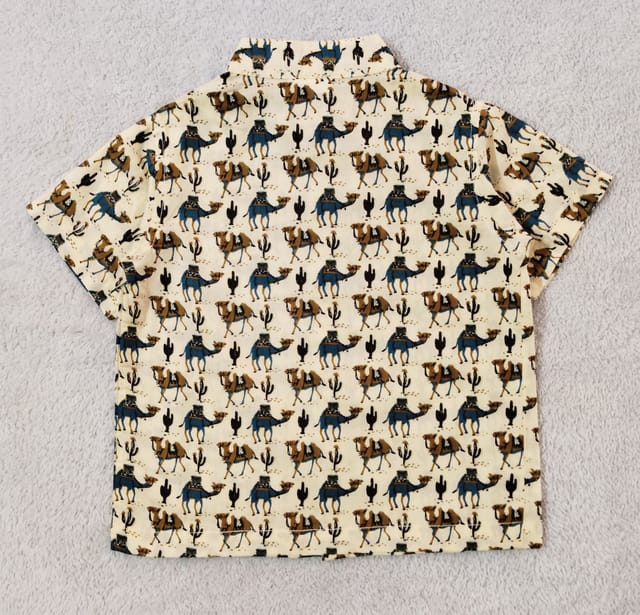 Snowflakes Boys Half Sleeve Cotton Shirt With Camel Prints - Off White