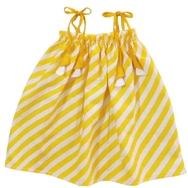 Snowflakes Girls Tying Style Frock With White Stripe Prints-Lemon  Yellow