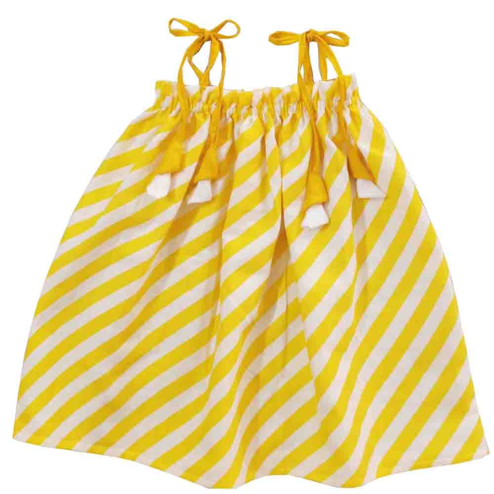 Snowflakes Girls Tying Style Frock With White Stripe Prints-Lemon  Yellow