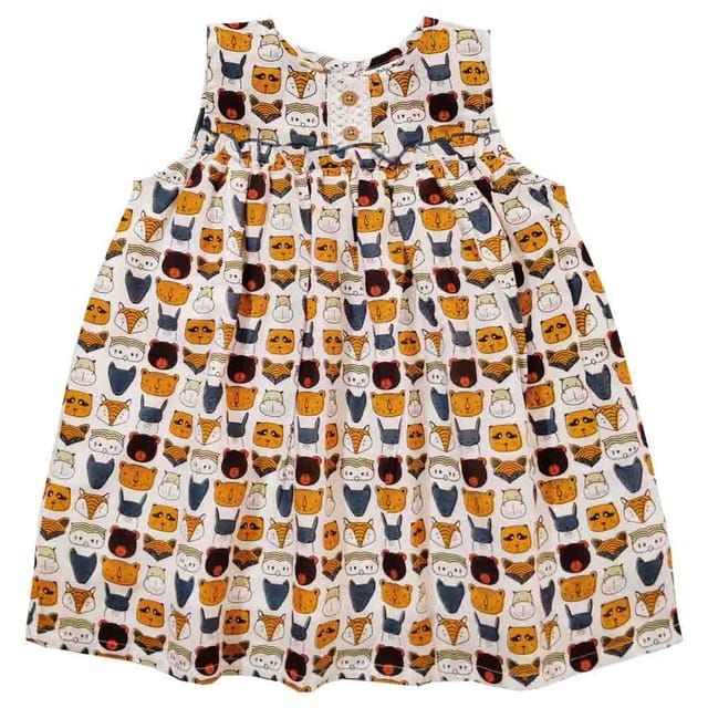 Snowflakes Girls Frock With Animal face  Prints- Off White