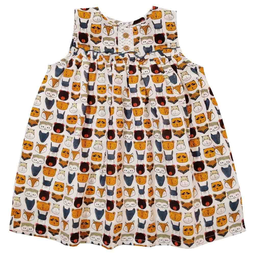 Snowflakes Girls Frock With Animal face  Prints- Off White
