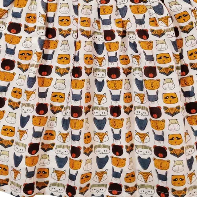 Snowflakes Girls Frock With Animal face  Prints- Off White
