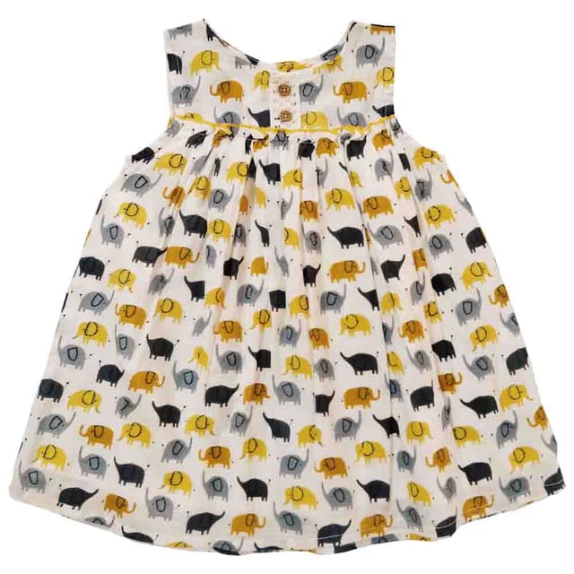 Snowflakes Girls Frock With Black Elephant Prints- Off White