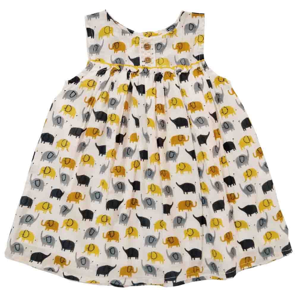 Snowflakes Girls Frock With Black Elephant Prints- Off White