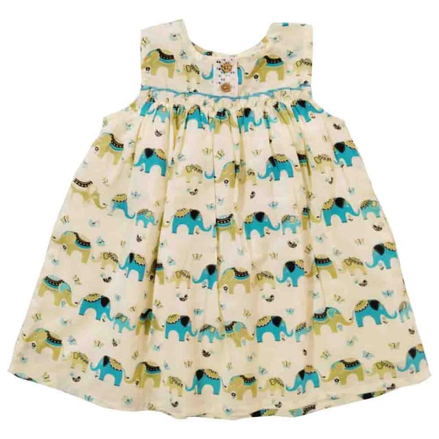 Snowflakes Girls Frock With Blue Elephants Prints- Cream