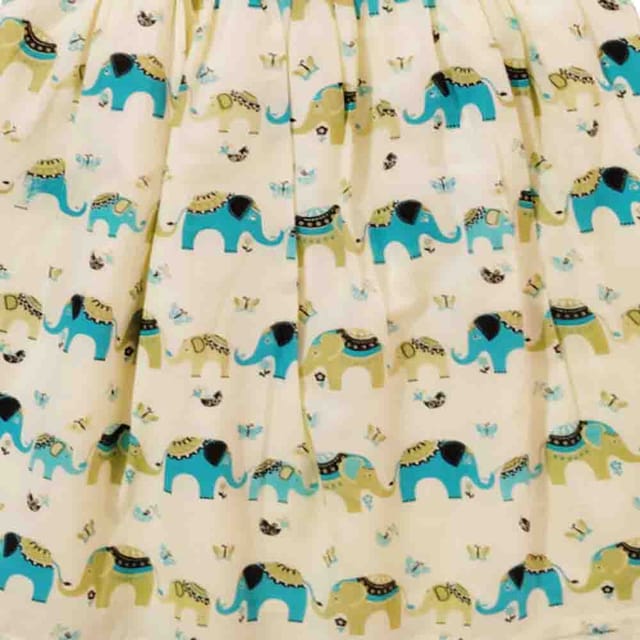 Snowflakes Girls Frock With Blue Elephants Prints- Cream