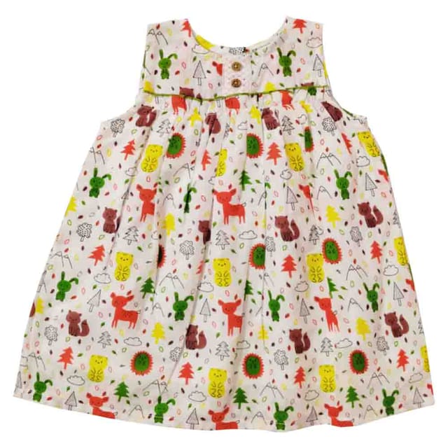 Snowflakes Girls Frock With Animals Prints- White