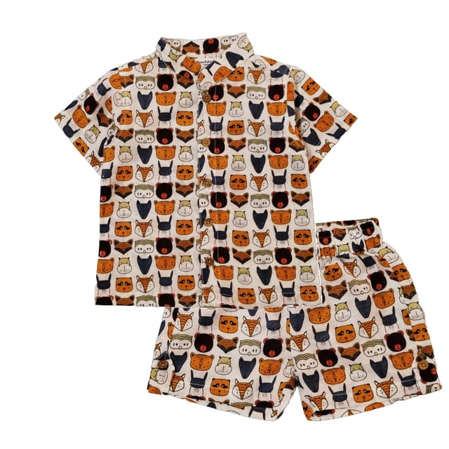 Snowflakes Unisex Cotton Co-Ord Set With Animals face  Prints - WHITE