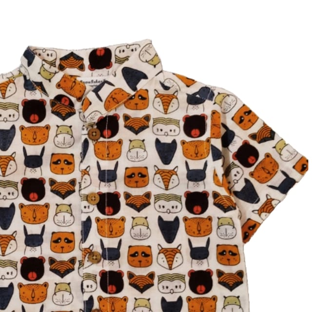 Snowflakes Unisex Cotton Co-Ord Set With Animals face  Prints - WHITE