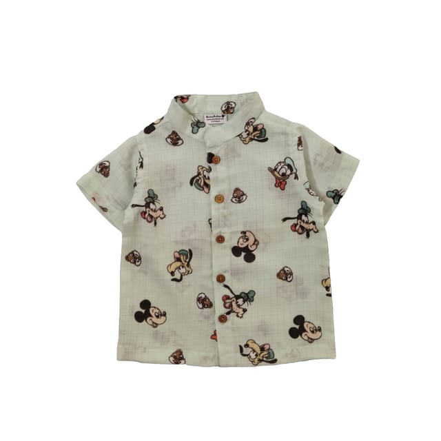 Snowflakes Boys Half Sleeve Cotton Shirt With Mickey mouse face Prints - Off Blue