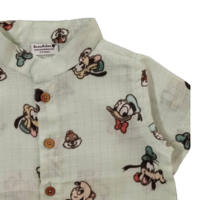 Snowflakes Boys Half Sleeve Cotton Shirt With Mickey mouse face Prints - Off Blue