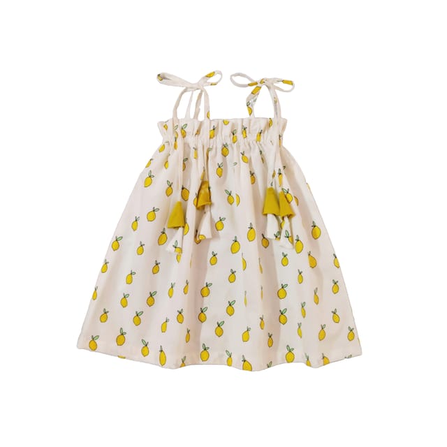 Snowflakes Girls Tying Style Frock With Lemon Prints- White