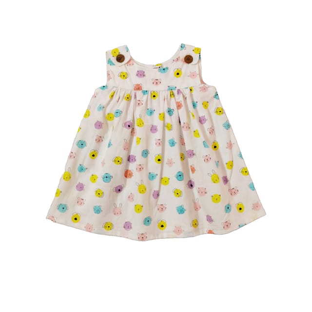 Snowflakes Girls Frock With Cat Face Prints- White