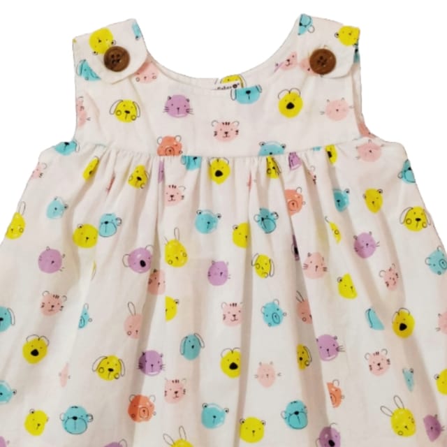 Snowflakes Girls Frock With Cat Face Prints- White