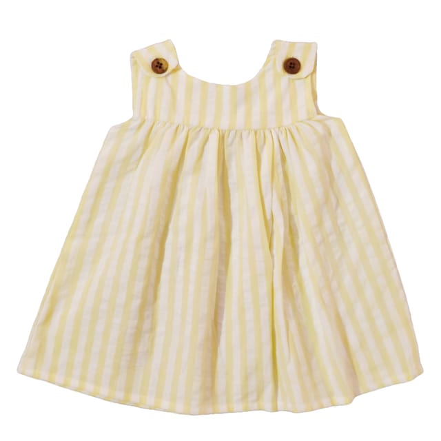 Snowflakes Girls Frock With Stripes - White Yellow