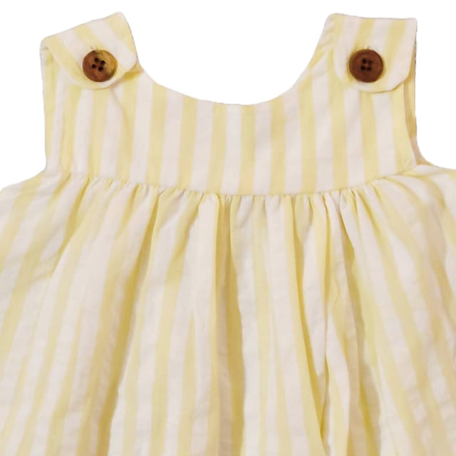 Snowflakes Girls Frock With Stripes - White Yellow