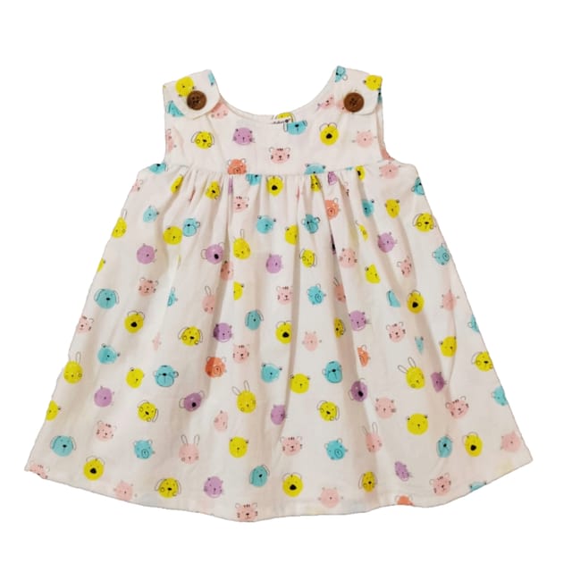 Snowflakes Girls Frock With Cat Face Prints- White