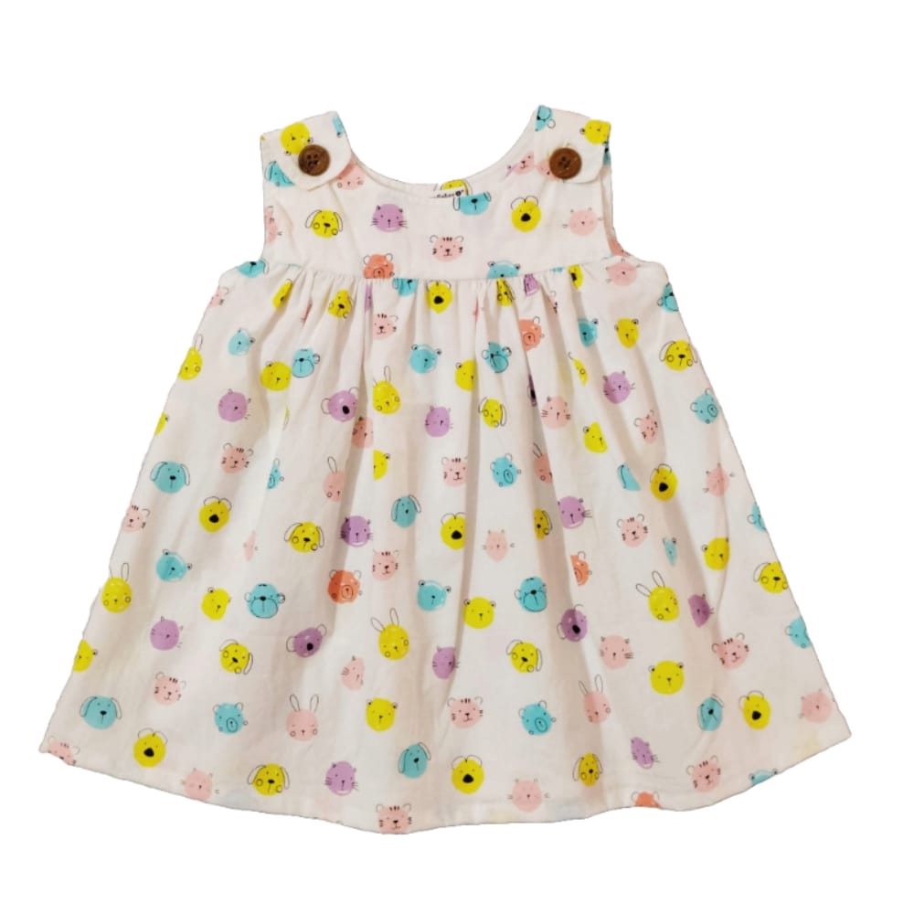 Snowflakes Girls Frock With Cat Face Prints- White