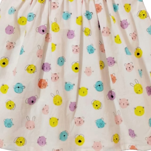 Snowflakes Girls Frock With Cat Face Prints- White