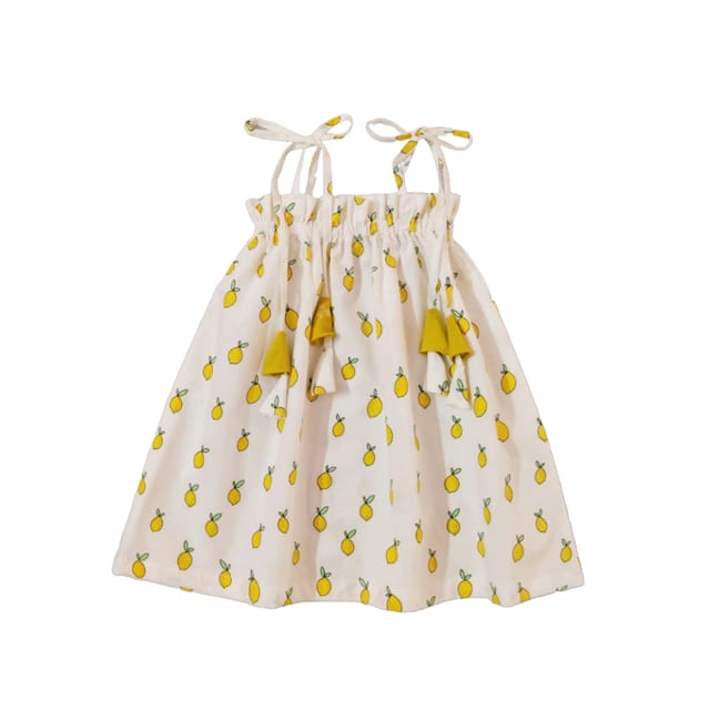 Snowflakes Girls Tying Style Frock With Lemon Prints- White