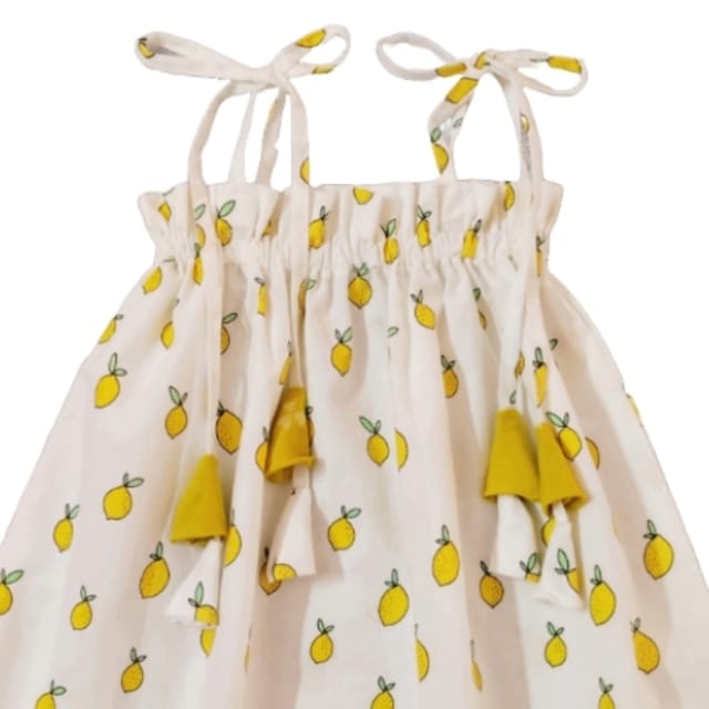 Snowflakes Girls Tying Style Frock With Lemon Prints- White