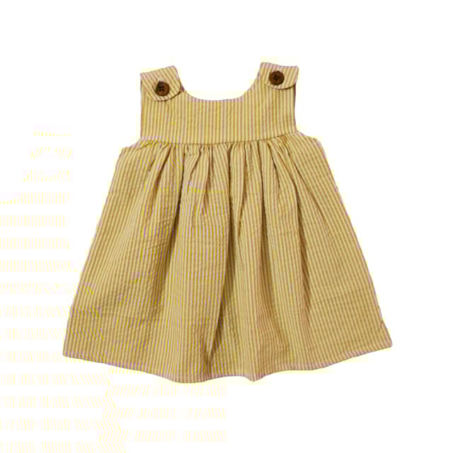 Snowflakes Girls Sleeveless Striped Frock- White & Mustard