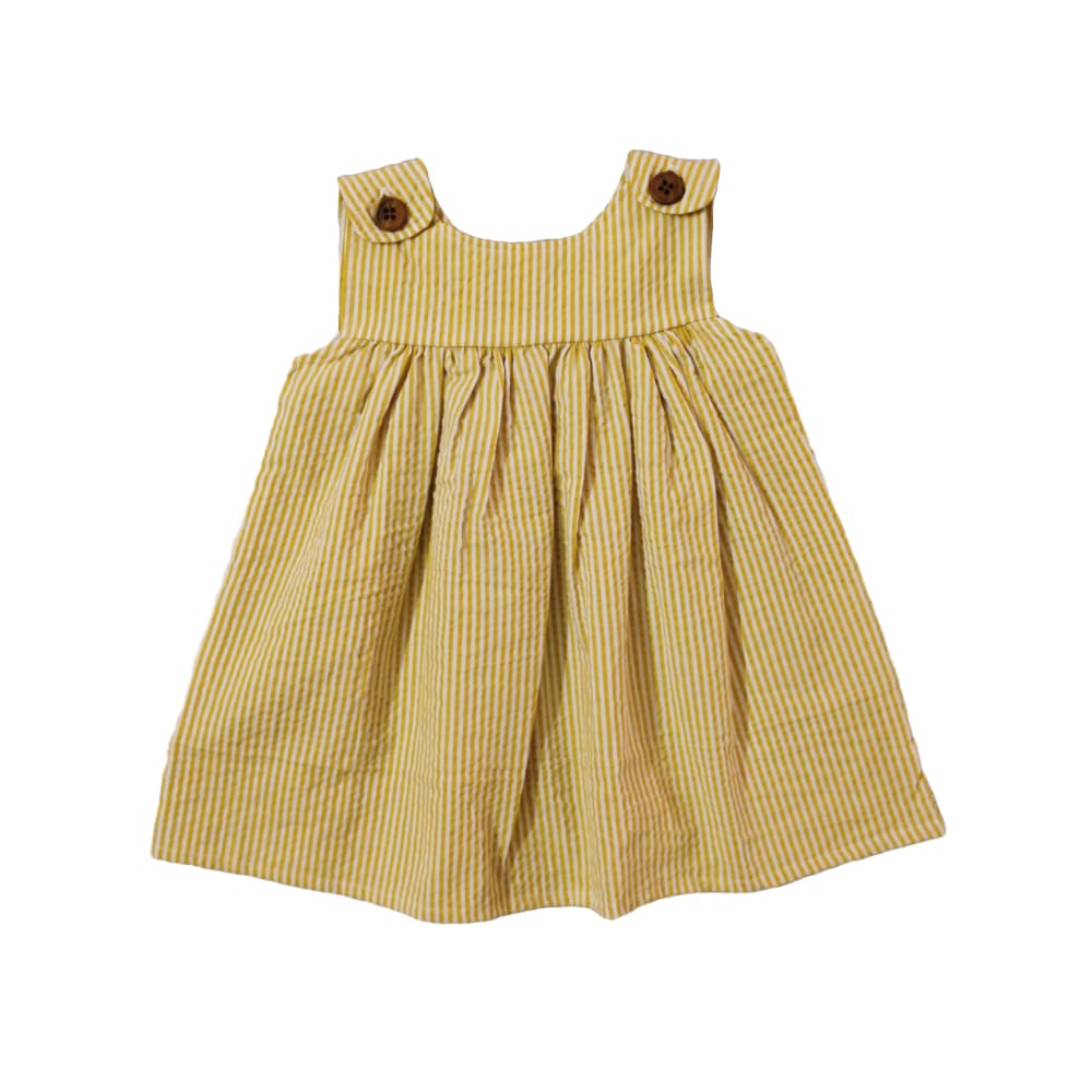 Snowflakes Girls Sleeveless Striped Frock- White & Mustard